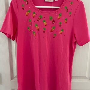 Quacker Factory Pink Pineapple Embellished Tee